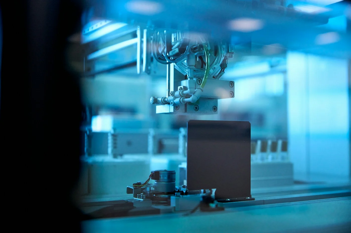 Research laboratory equipment in blue lighting