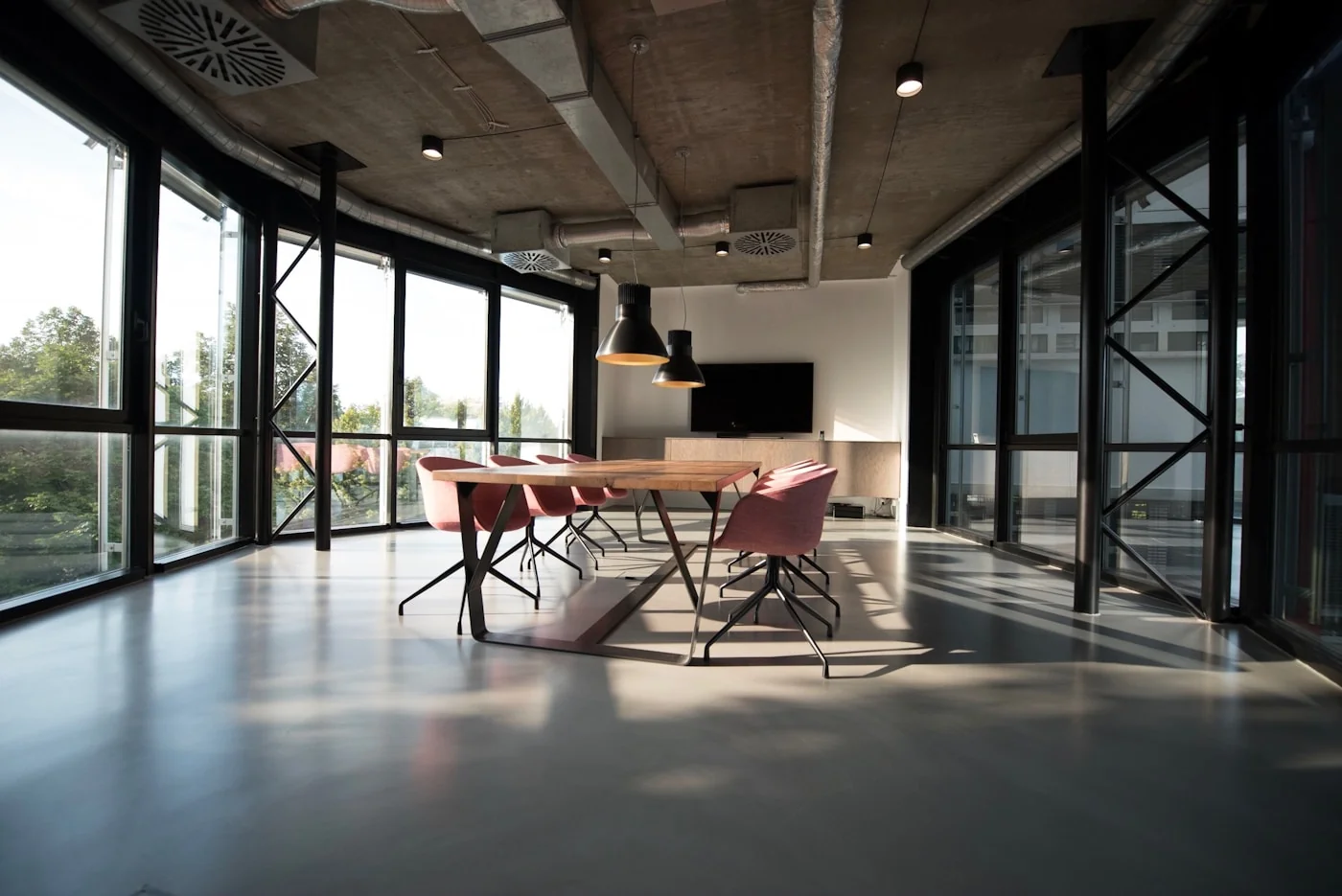 A modern meeting room with panoramic windows